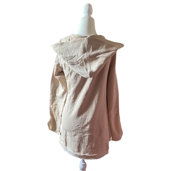 Lori Goldstein Logo 100% Cotton Bohemian Layered Tan Hooded Cardigan w/ Pockets - Picture 3 of 7
